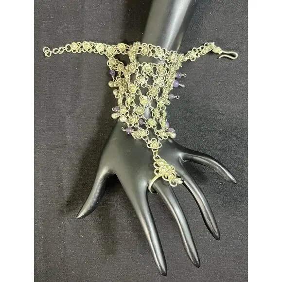 Slave Bracelet Silver Metal & Amethyst Stones Repurposed, Vintage Style Unique - Picture 9 of 9